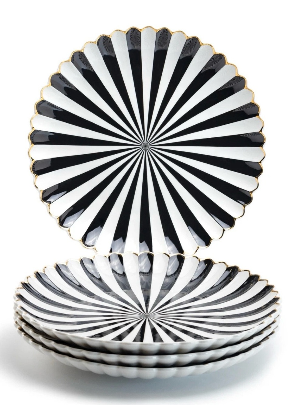 4 Grace Teaware Dinner Plates 10.75" Black & White Scallop Fine Porcelain New